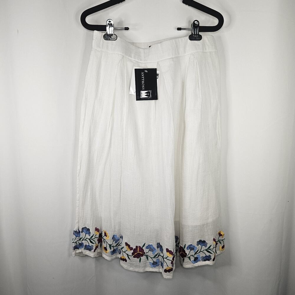 Antthony Mexicali Embroidered Floral Cotton Gauze Box Pleat Skirt White Medium
